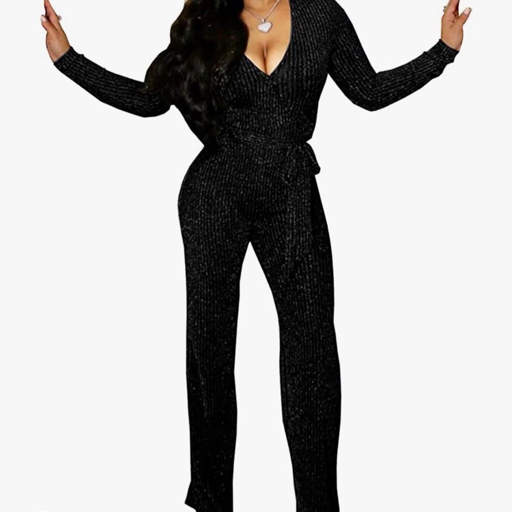 Women's Sparkly Jumpsuit Long Sleeve High Waisted Wide Leg